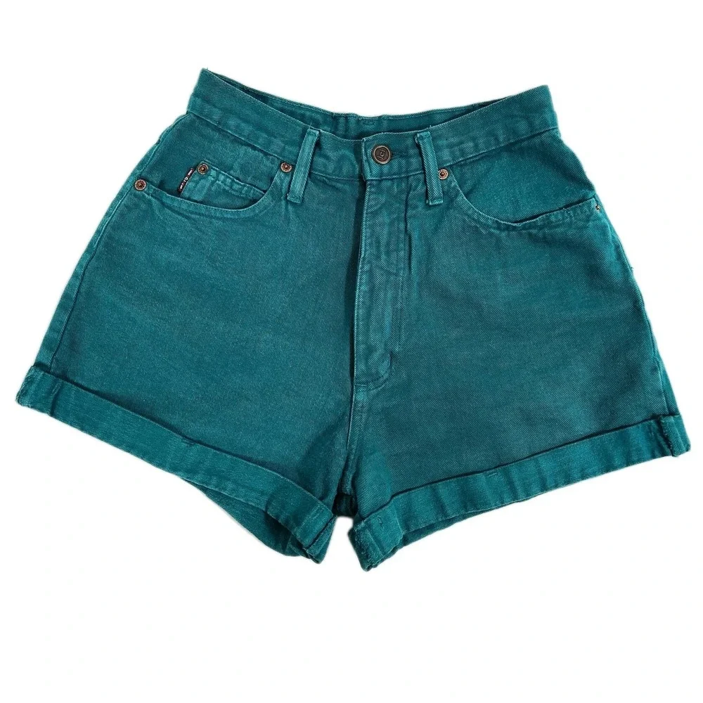 Vintage LEI Teal High Waisted Denim Cuffed Shorts Womens Size 7 Retro 90s Mom